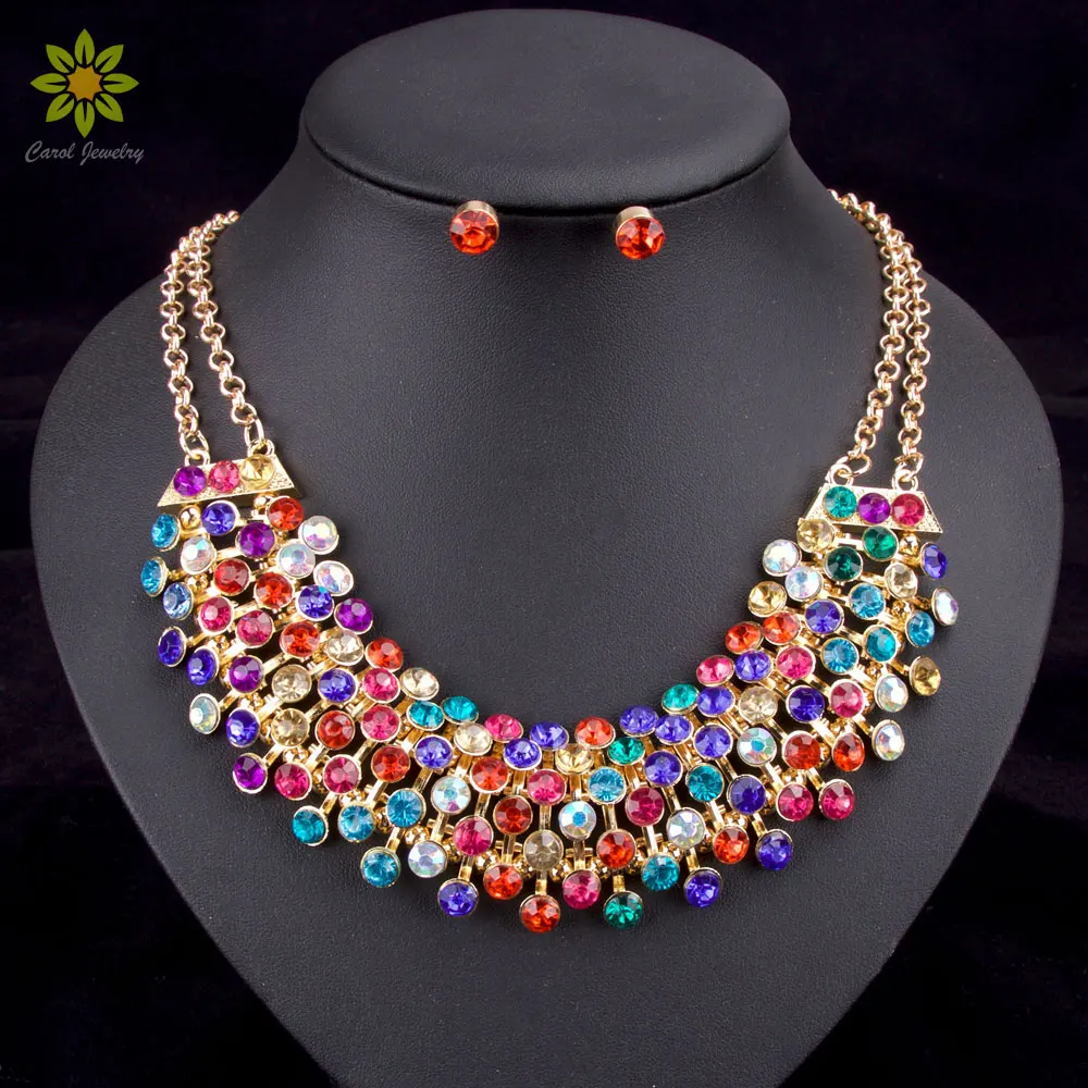 

Fashion Crystal Rhinestone Bridal Jewelry Set Wedding Prom Party Accessories Gold Color Necklace Earring Set For Brides Women