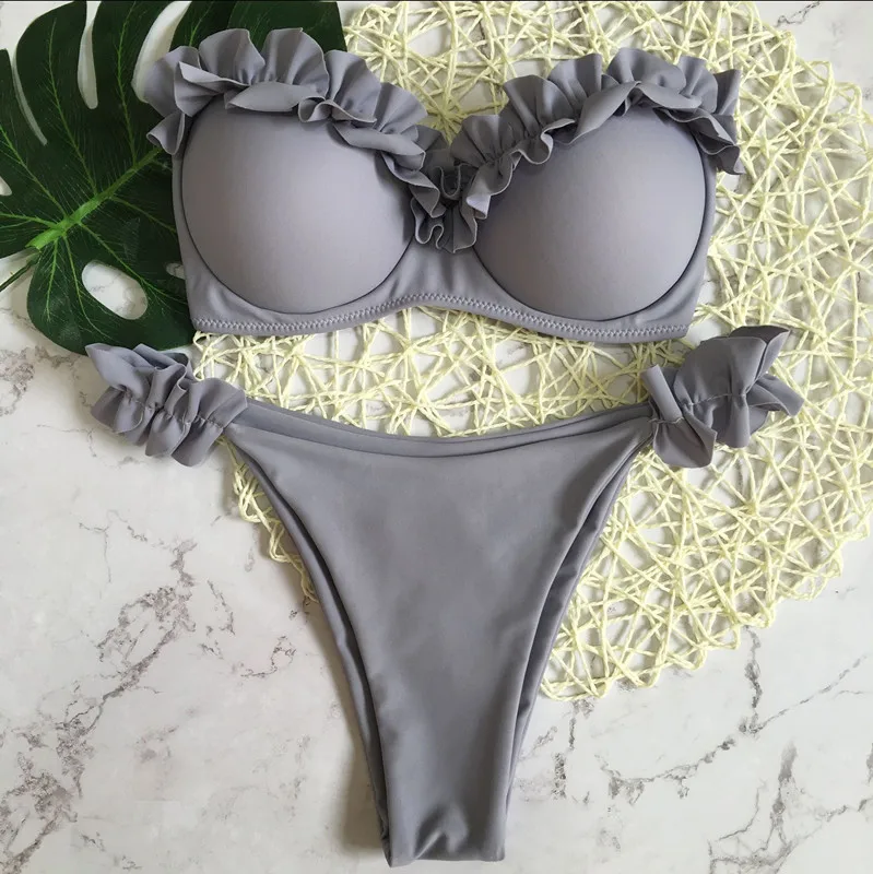 HTB1BlOinOOYBuNjSsD4q6zSkFXaB Padded Push Up Bikini Set Underwire Flower Ruffles Swimsuit For Women Sexy Solid Bandeau Female Bathing Suit 2018 Summer Biquini