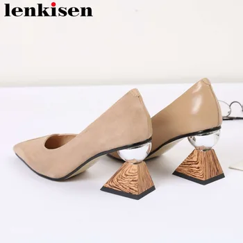 

Elegant lady block high heels natural leather slip on square toe confortable dress dating pumps British gentlewoman shoes L6f1