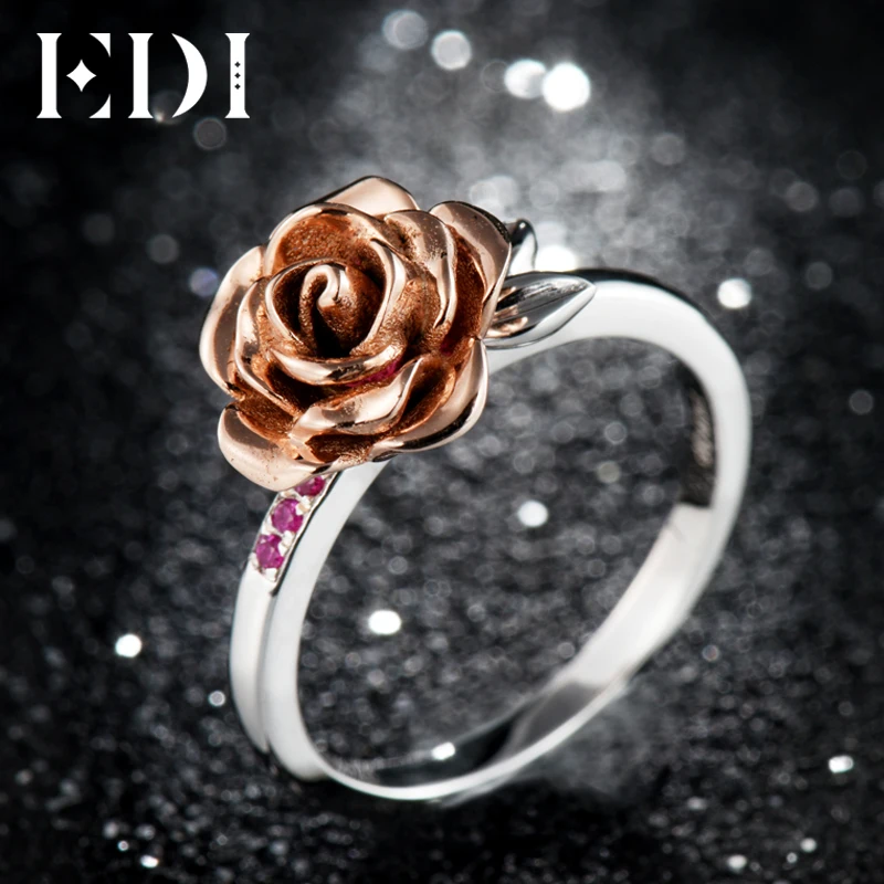 

EDI Rose Flower Natural Ruby Female Ring 925 Sterling Silver Leaf Fine Jewelry For Women Rings
