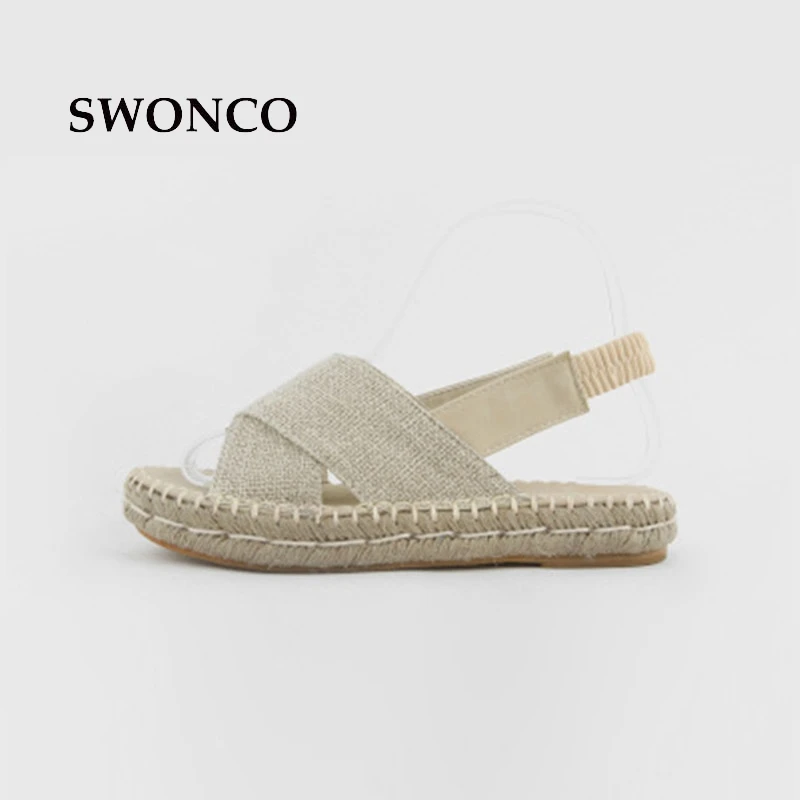 

SWONCO Women's Sandals 2018 Summer Straw Hemp Platform Shoes Sandals Women Beach Concise Shoes Slip On Solid Color Female Shoe