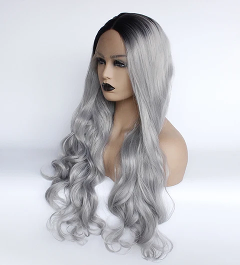 ombre grey synthetic lace front wavy wig glueless heat resistant fiber middle daily wig-18