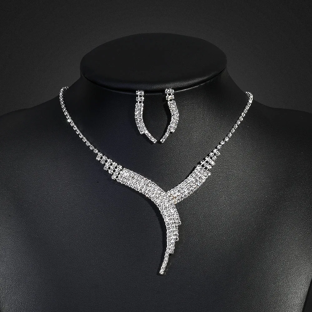 Long Pendant Necklace Crystal Jewelry Sets for Wedding Floral Bling