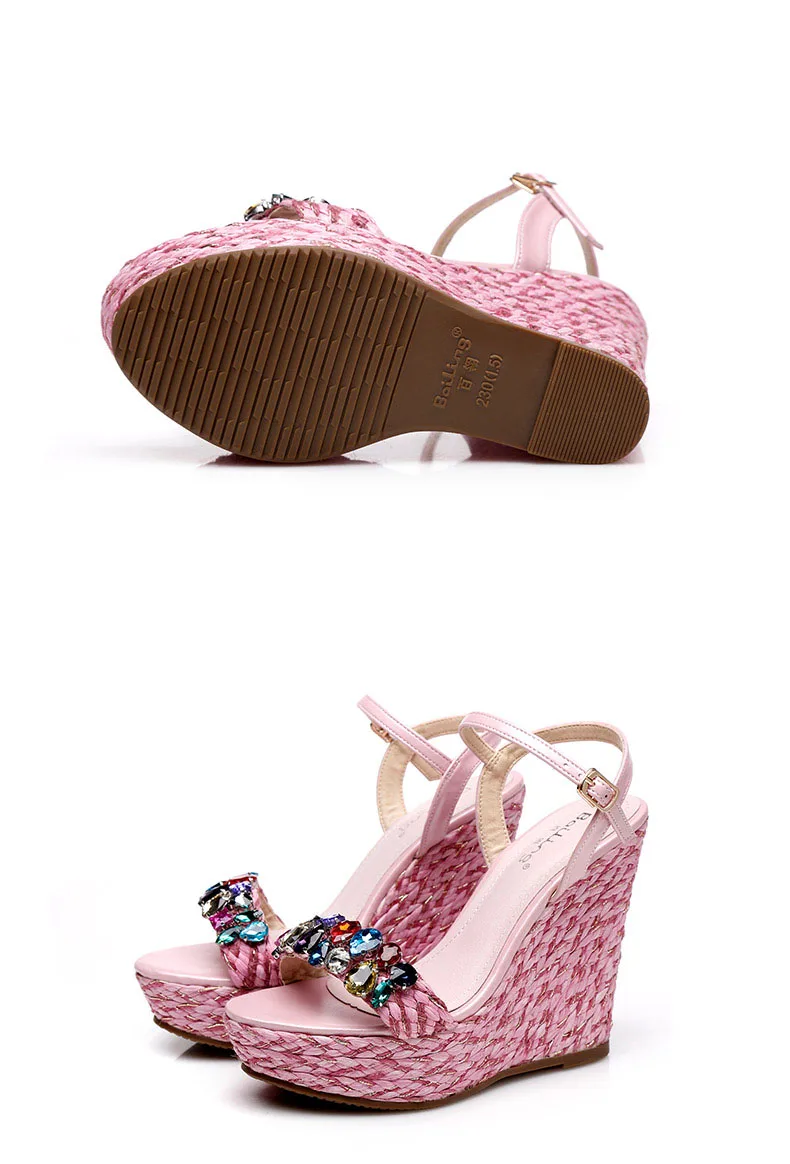 33_Summer Womens Black Buckle Sandals Fashion Elegant Silver Rhinestone Shoes Wedding Bridal High Heel Platform Wedges