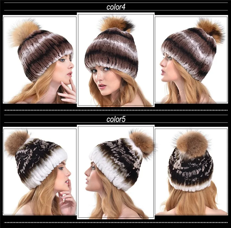 New Fashion Natural Fur Caps Women Real Rex Rabbit Fur Hat With Fur Raccoon Fur Pom Poms Knit Caps LH344