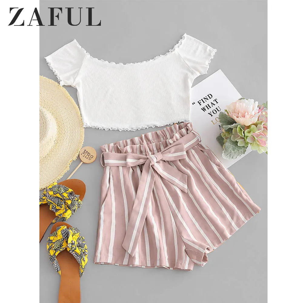Женский комплект из 2 предметов ZAFUL топа с открытыми плечами и шорт в полоску