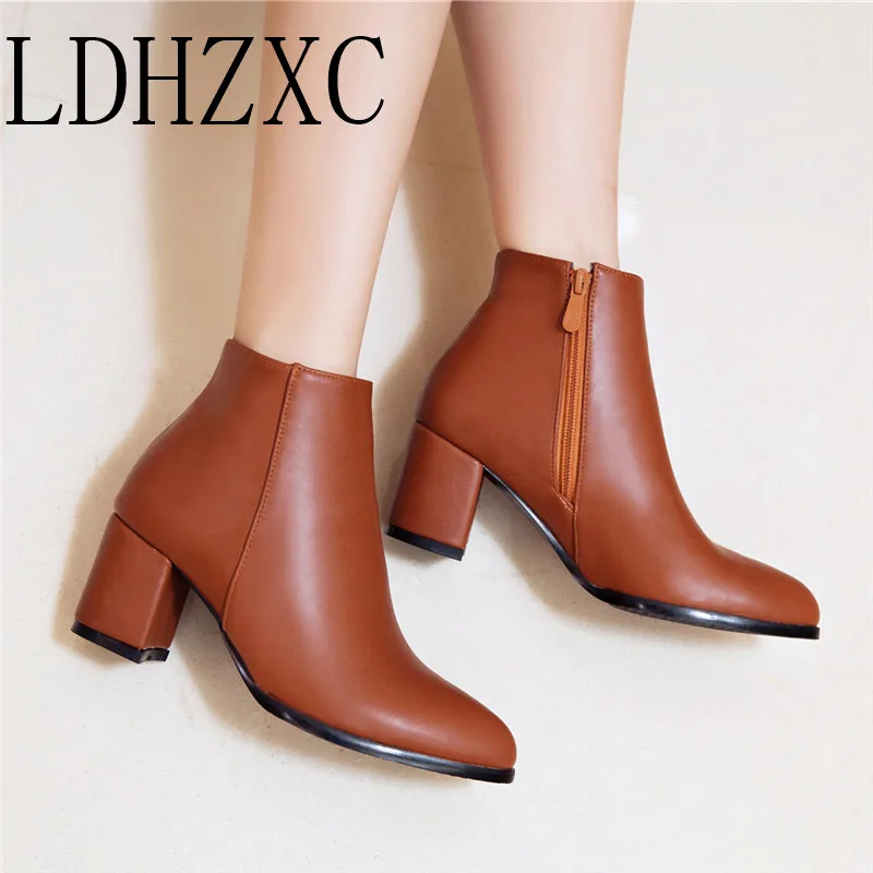 

LDHZXC 2019 Boots Women Square High Heel PU Leather Round Toe Ankle Boots Synthetic Handmade Ladies Boots Size 34-43