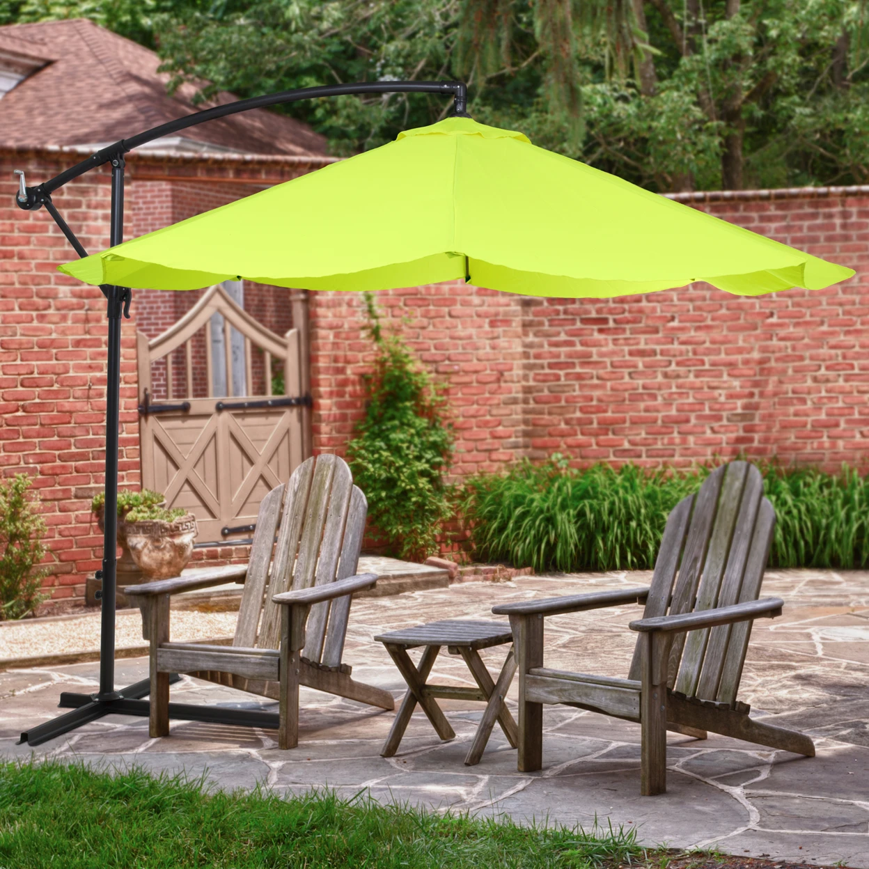Offset 10 Foot Aluminum Hanging Patio Umbrella Lime Green with Cross Base Bars (1)