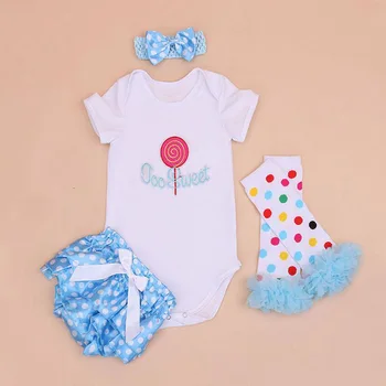 

4PCs per Set Newborn Baby Girls Too Sweet Party Outfit Blue Polka Dots Shorts Headband Leggings for 0-24Months