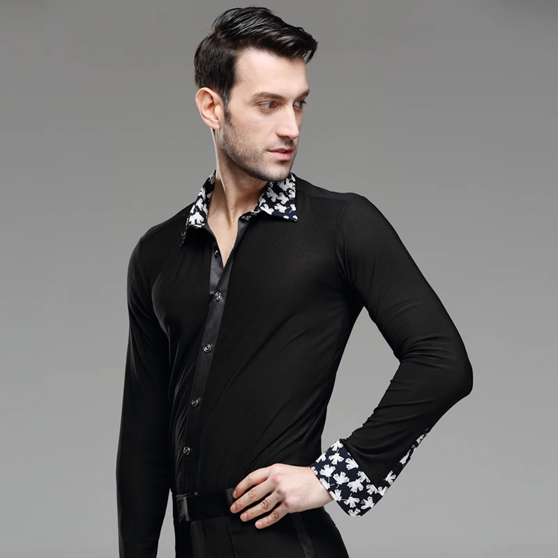 

New Mens Dance Shirt Print Collar Standard Competition Performance Ballroom Modern Salsa Tango Samba Male Latin Tops Dancewear