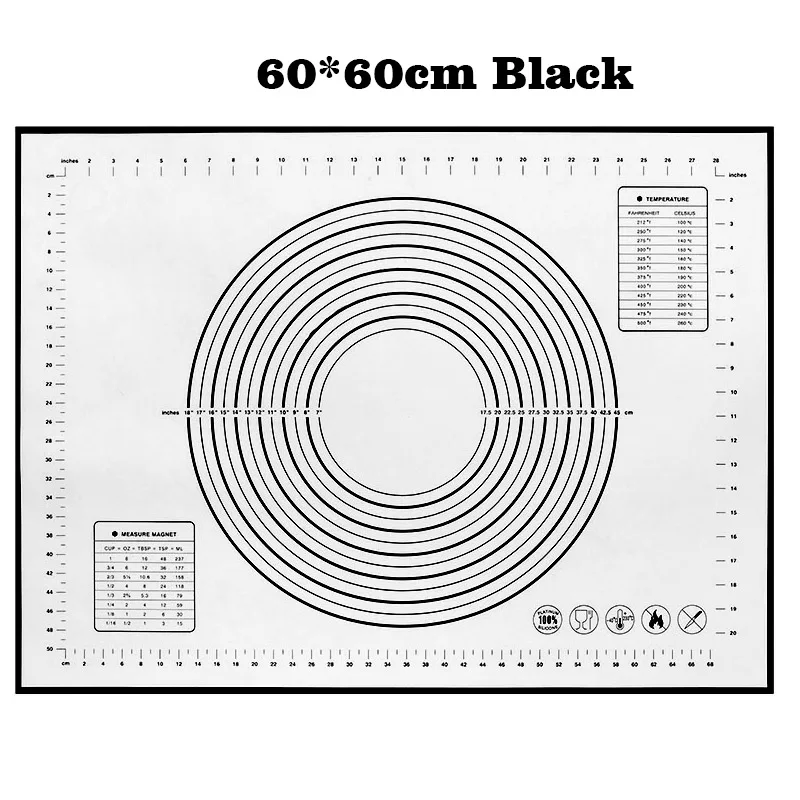 60 см Большой размер силиконовый коврик для выпечки коврик для замеса теста со шкалой прокатки теста коврик Кондитерские Аксессуары для выпечки - Цвет: 60x60cm Black