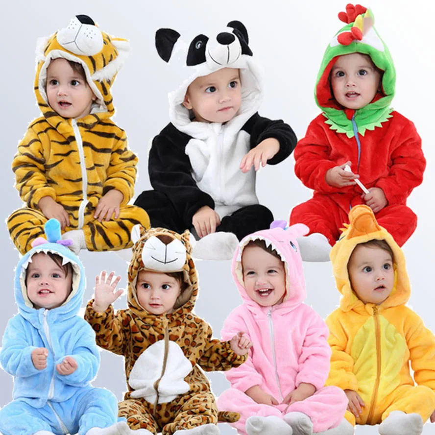 

Flannel Boys Girls Animal Rompers 0 1 2 Years Cartoon Panda Cow Stitch Pig ChildrenHooded Newborn Baby Clothing bebes Jumpsuit