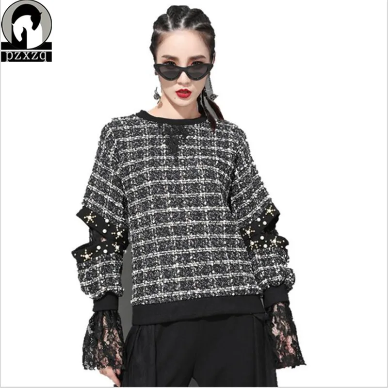 

Spring Autumn New Women's Grid Splicing Open Sleeve Lace Two Heavy Industry Beads Long Sleeve Pullovers Women's Sweatshirt Women