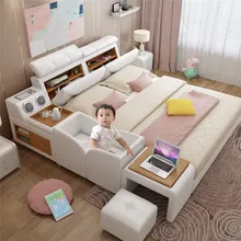 Большие размеры, кожаные кровати с детской кроваткой, Современная музыкальная многофункциональная кровать с Bluetooth