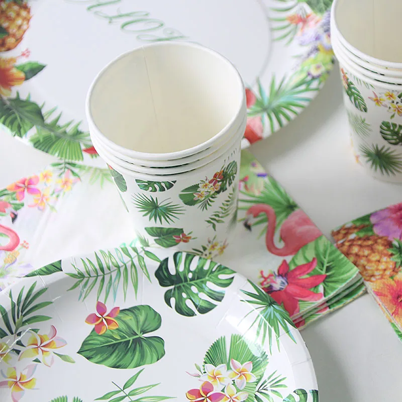 

Hawaii Party Disposable Tableware Set Artificial Palm Leaves Plants Paper Napkins Straw Cups Flamingo Tropical Party Supplies