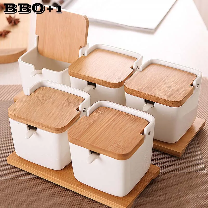 

Kitchen Spice Pot Porcelain Sugar Salt Storage Pepper Jars Container Lid Spoon Box Ceramic Bamboo Cover Condiment Seasoning Rack