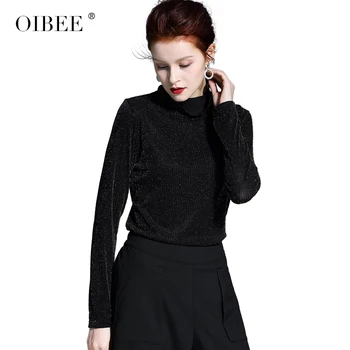 

OIBEE2019 women bottoming shirt female black wild long slim high collar t shirt