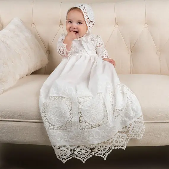 

New Ivory White Baby Girls Baptism Dress Lace Long Sleeve First Birthday Dress Blessing Dress Christening Gown & Bonnet Set
