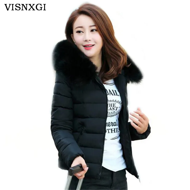 

Padded Winter Jacket Cotton Women's Outwear Fashion Slim Plus Size Solid Tunic Parkas Hooded Fake Fur Coats Casacos Manteau S272
