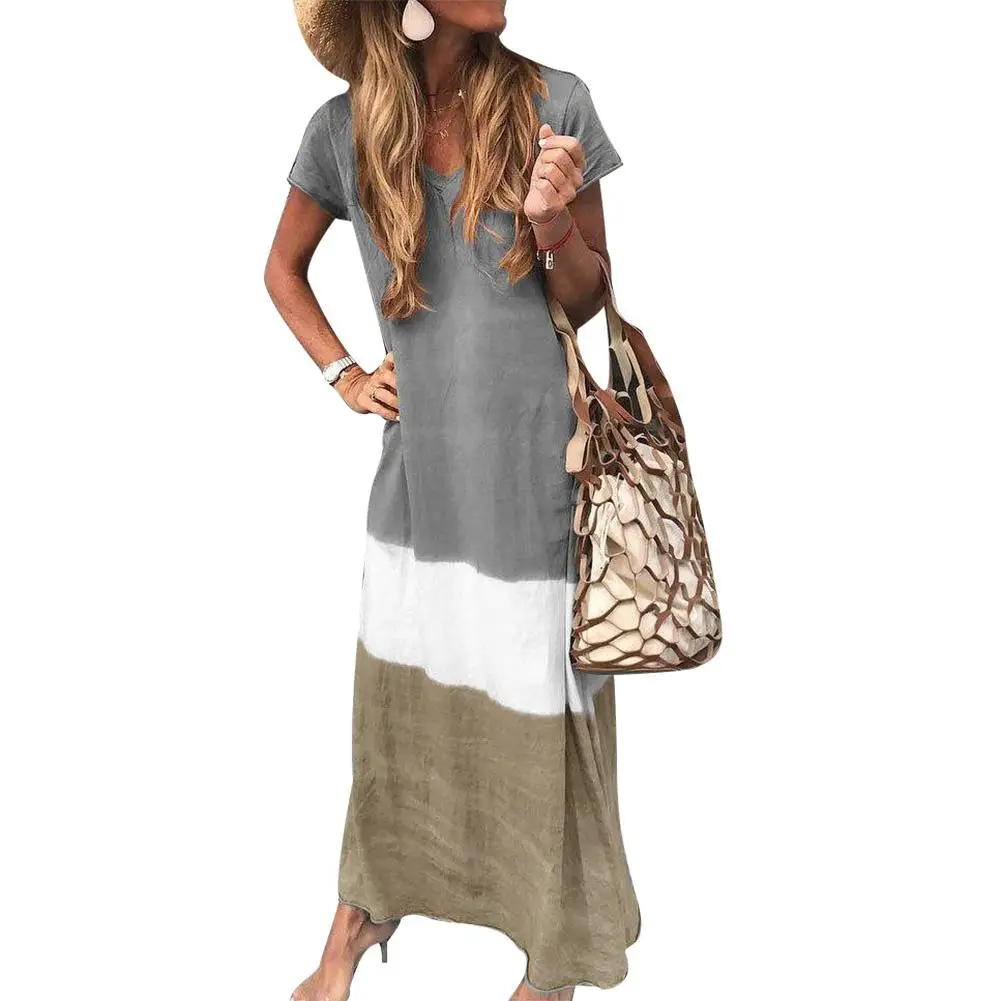 

Plus Size Fashion Women Summer Beach Party Dress Vintage Color Block V Neck Short Sleeve Loose Casual Female Bohemian Maxi Dress