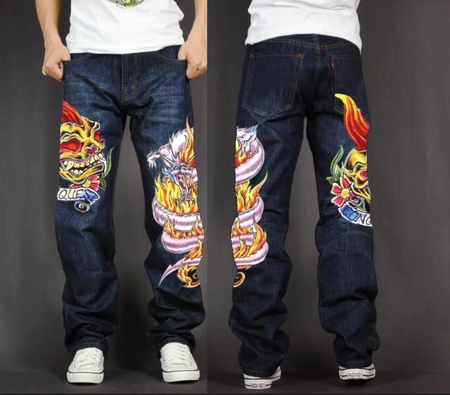 

Men's Long Pants Baggy Loose Fit Jeans Rap Hip Hop Skate Denim Print Trousers Straight Stretch Casual Trousers Monstor