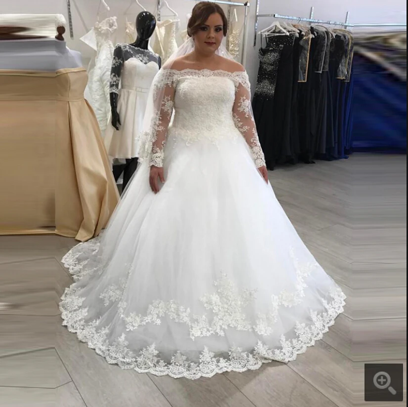 

Robe Mariage Off the Shoulder Long Sleeves Wedding Dress plus size Ball Gown Lace Applique Bridal Wedding Gown Vestido De Noiva