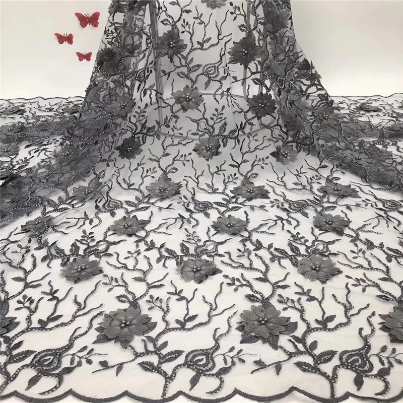 

Gray 3 d flowers beads lace fabric fringe material african french net lace tulle fabric high quality evening dresses5yard/lot