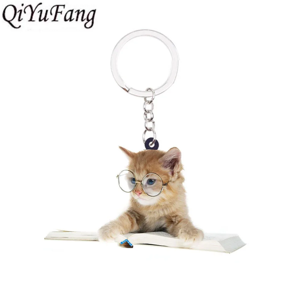 QiYuFang новая акриловая книга для чтения очки Кот брелок цепочка ключей ювелирные