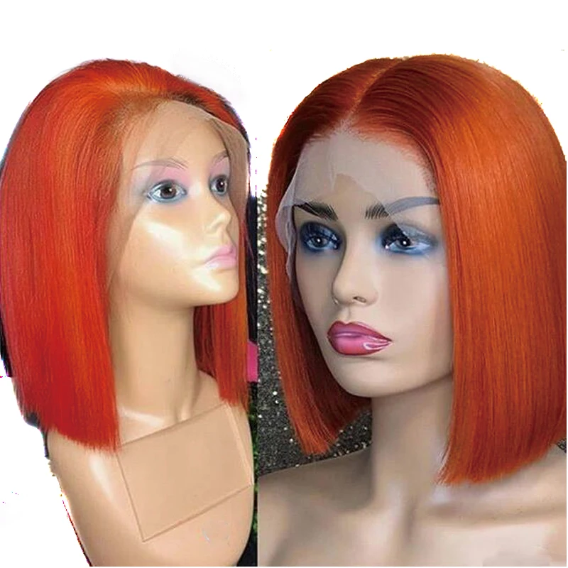13X6 Bob Wigs Orange Colored Lace Front Preplucked Baby Hair 150 Remy