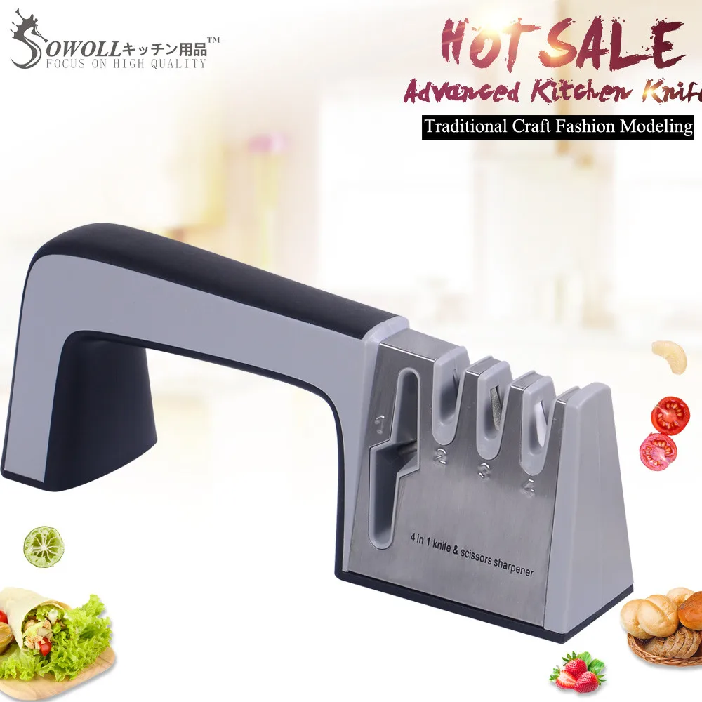 

SOWOLL Professional Sharpening Tools Scissor 4 in 1 Sharpener Stone Kitchen Accessory Chef Knives Sharpner Cooking Accessory