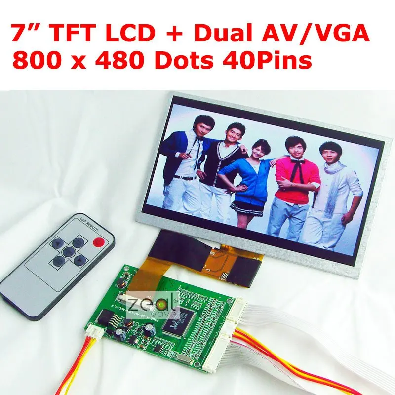 

7.0" 7inch TFT LCD Module 800 x 480 Dots 40Pins + VGA / Dual 2AV Input Driving Board