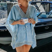 Women Beach Dress Sexy Lace Ladies Dresses V Neck Bikini Cover Up Beach Dress Women Dresses Loose Cover Up Beach Wear Cover-Ups openwork lace cover up dress