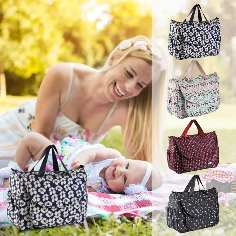 

6pcs Waterproof Mummy Bag Large Capacity Maternity Handbag Flower Print Mom Handbag Baby Stroller Bags for Baby Baby Care Diaper