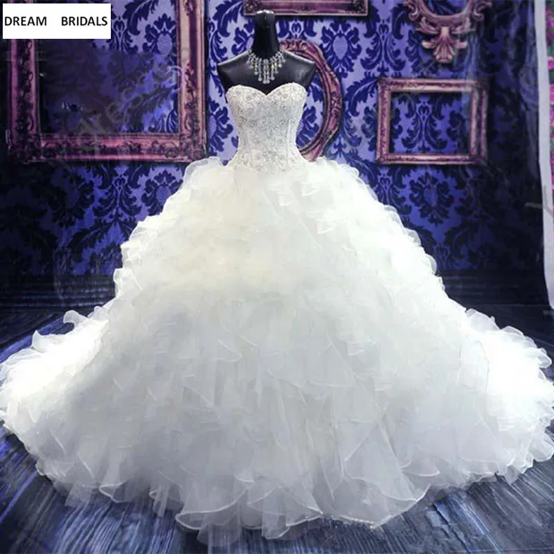 

Empire Sweetheart Organza Tulle Wedding Dresses Ruffles Beading Vestidos De Noiva Chapel Train Bridal Gowns 2019