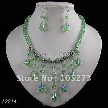 

Wholesale Elegant green crystal necklace earring Wedding jewelry Magnet clasp 1set/lot free shipping A2214
