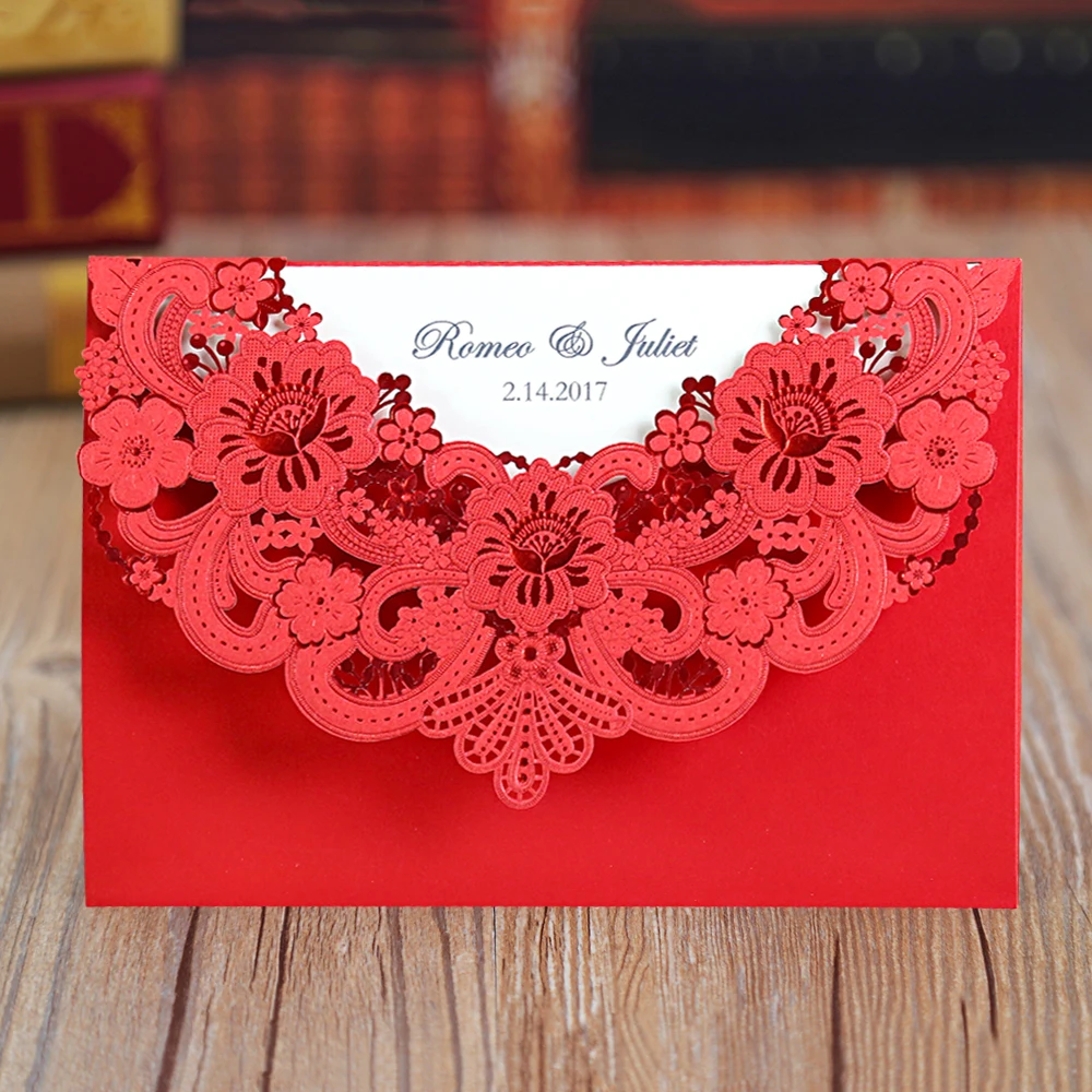 

50pcs New Arrival Horizontal Laser Cut Invitation with Red Hollow Flora,Printable,CW17001