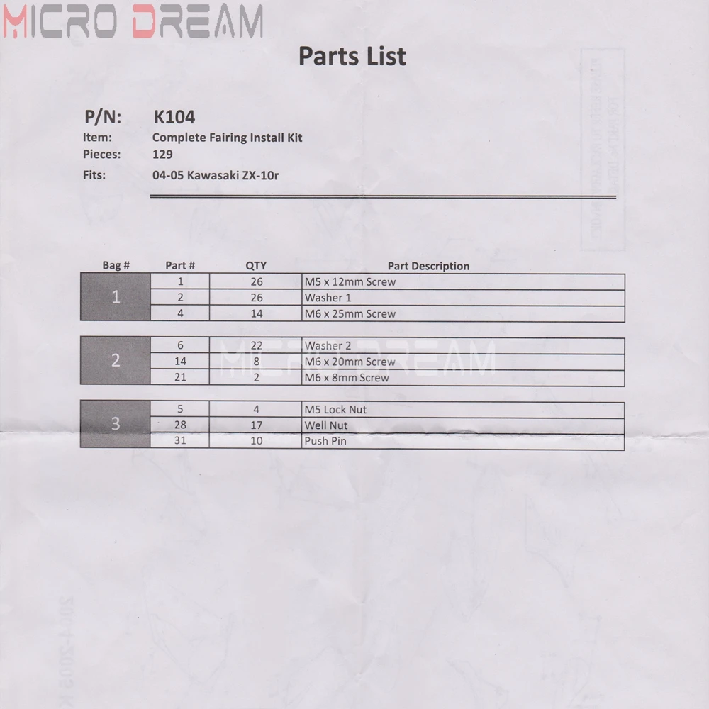 Набор болтов для обтекателя мотоцикла, 129 шт., полный комплект гаек, шурупов для Kawasaki Ninja ZX-10R ZX10R 2004 2005