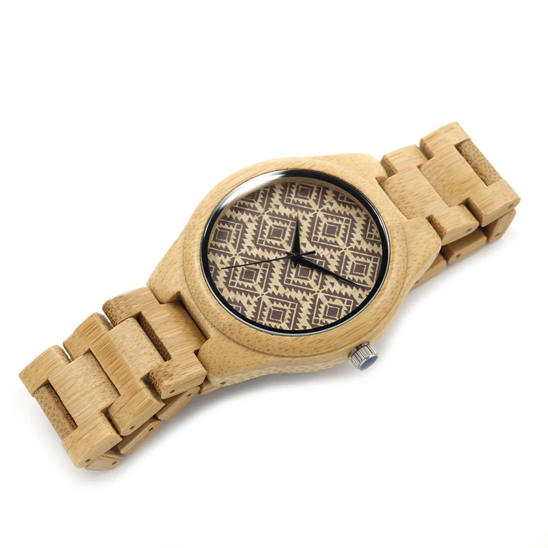 Japan Quartz BOBO BIRD L-I28 Men's Wooden Watch Bamboo Band Wavy Pattern Dial Face Clock for Men in Gift Box