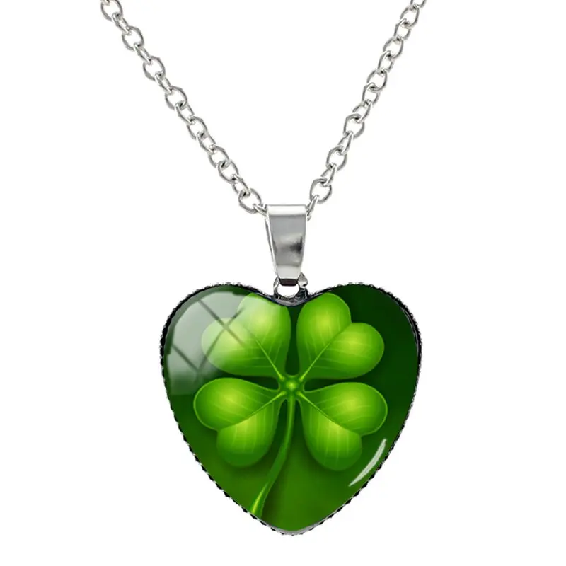 JWEIJIAO, зеленые растения, четырехлистный клевер, ожерелье s в форме сердца, стеклянный кабошон, фото, подвески, ожерелье, серебряный цвет, длинная цепочка HP215 - Окраска металла: QF316