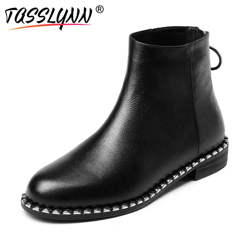 

TASSLYNN 2018 Women Winter Boots Zipper Convenient Cow Leather PU Ankle Boots Round Toe Square High Heels Women Shoes Size 34-40