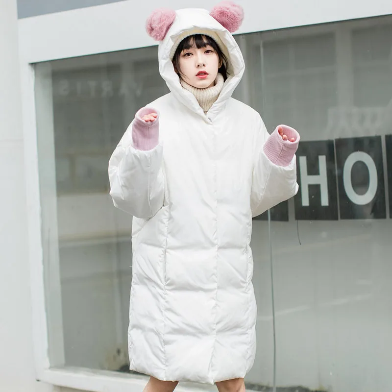 Cute Hooded Ear 2018 Winter Jacket Women Thick Long Women Parkas Female Outwear Coat Down Cotton Padded Snow White Pink kawaii Coats