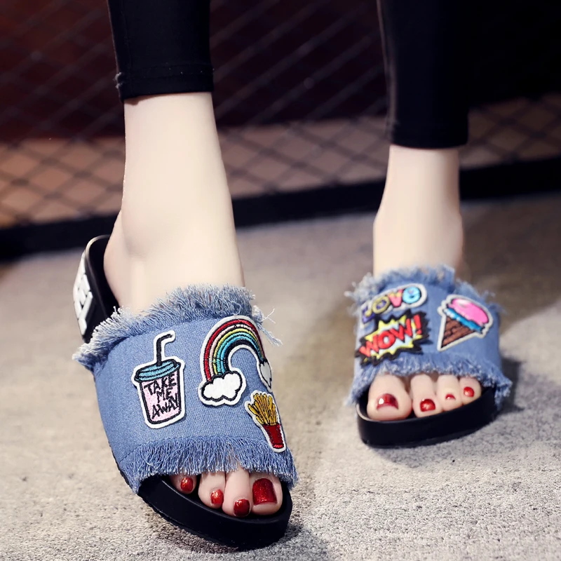 

2018 Sweet Embroider Women's Sandals Summer Fashion Platform Flat Slippers Slides Slip On Casual Beach Shoes Women