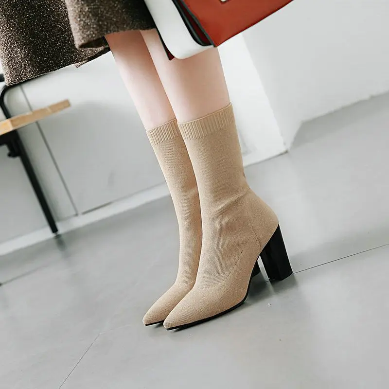 

Women Fashion Stretch Fabric Boots Suqare High Heel Ankle Boots Slip On Pointed Toe Spring Autumn Woman Shoes Plus Size 2018 New