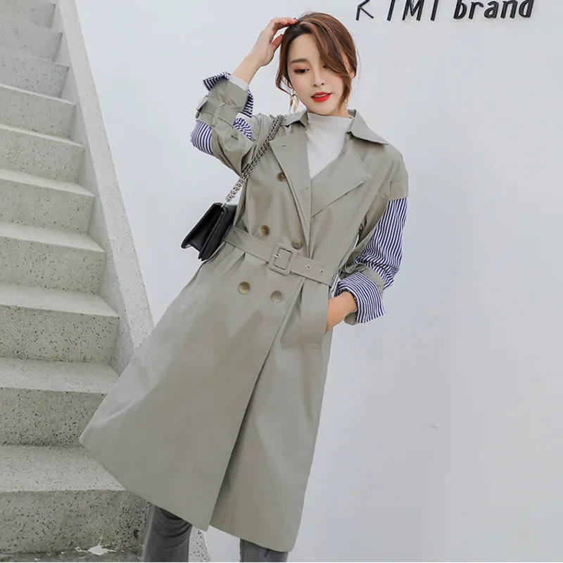 

[EWQ] 2019 Early Autumn New England Style Long Sleeve Fake Two Piece Patchwork Striped Women Large size Windbreaker Jacket QK130