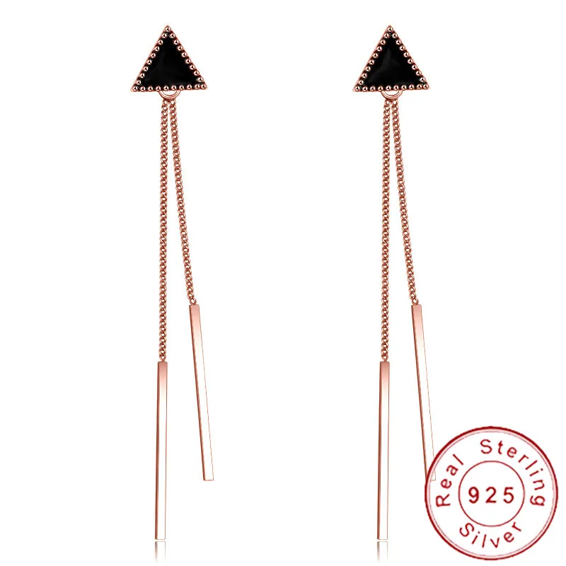 Минималистский 925 пробы серебряные серьги-гвоздики с эмалью гипоаллергенный цвета розового золота двойной на цепочке с длинными кисточками ювелирные изделия в форме треугольника SE129