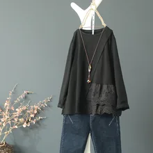 Однотонная женская футболка в стиле ретро, Повседневная Свободная футболка с длинным рукавом и вышитым кружевом, женская футболка с цветком, осенний стиль, женские топы