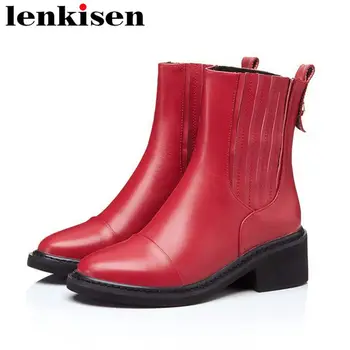 

Lenkisen natural leather slip on round toe square med heels free shipping movie stars runway women winter autumn ankle boots L99