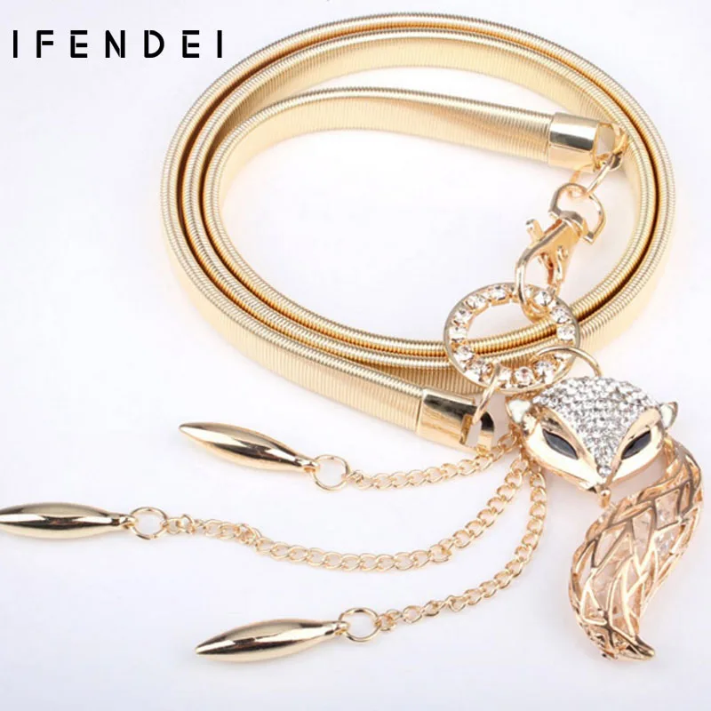 IFENDEI Women&#39;s Belts Hot Fox Gold Belt Chain Elastic Stretch Metal Strap Silver Adjustable ...