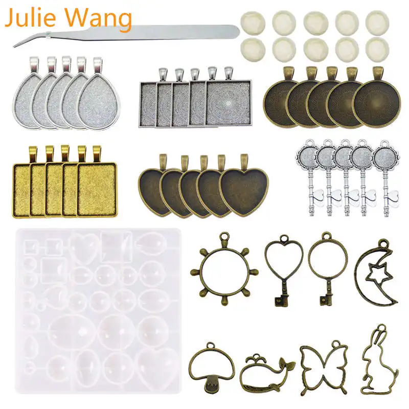 Julie Wang, 50 шт., набор силиконовых форм, сплав, амулеты, кабошон, основа, пинцет, рукав для пальцев, эпоксидная литьевая форма, инструмент для изготовления ювелирных изделий