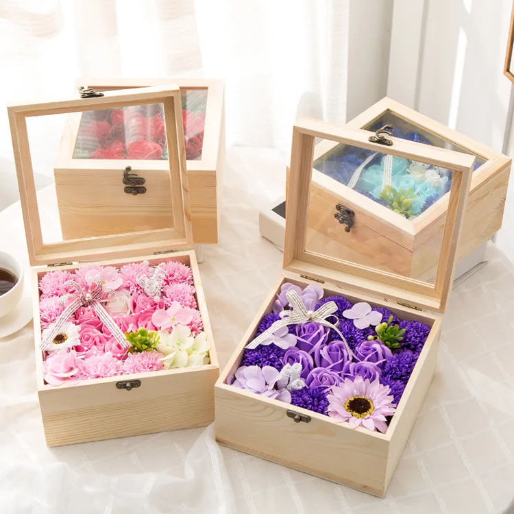 

High Quality Wood Soap Flower Gift Box Christmas Gift Carnation Valentine's Day Gift Wedding Gift